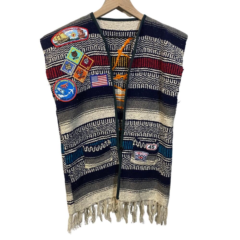 Mexican Baja Serape Fringe Blanket Vest Upcycled Boyscout Patches Virginia M